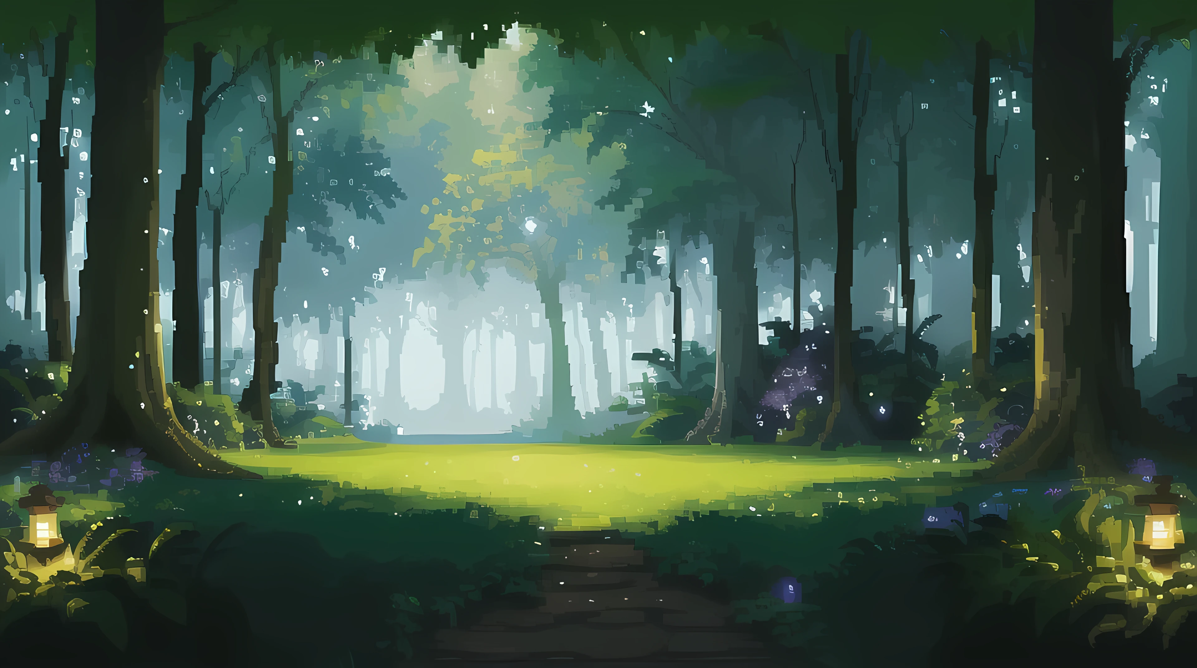 (top quality, high quality, highly detailed, masterpiece), pixel art background of a magical jungle clearing for a 2D game. The scene should feature a small, open area surrounded by ancient, pixelated trees with thick roots and hanging vines. In the center, add a natural stone altar covered in glowing moss, emitting a faint, mysterious light. Include small, animated pixel elements like twinkling fireflies and soft beams of moonlight filtering through the pixelated canopy. The overall vibe should be tranquil yet full of hidden secrets, with a color palette of deep greens, soft blues, and golden light.