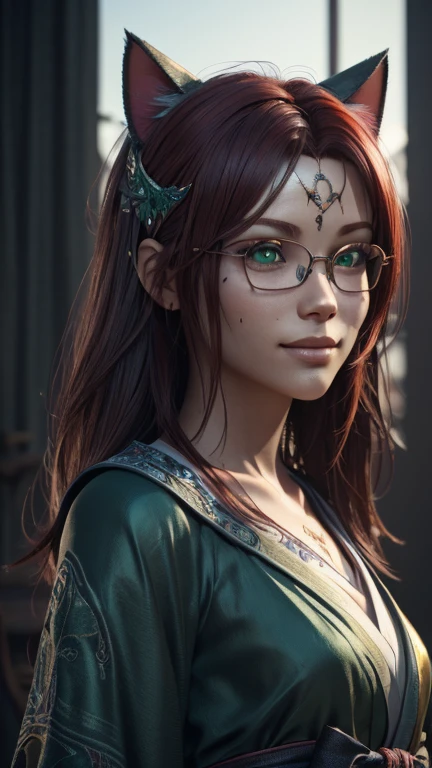 Proville. Carnival. Short, Red hair, green eyes, cat mask on the left side of the face, green kimono, smile, girl 15 years old, metal frame glasses. looks at me. (masterpiece, top quality, Best quality, official art, beautiful and aesthetically pleasing:1.2), extremely detailed,(fractal art:1.2),colorful,The most detailed, (Carnival), (Many colors:1.4). ((split. skin texture, Shiny skin. elegance. photorealism. unreal engine. 3D model. Ultra high quality textures. high detail. permission 8k))