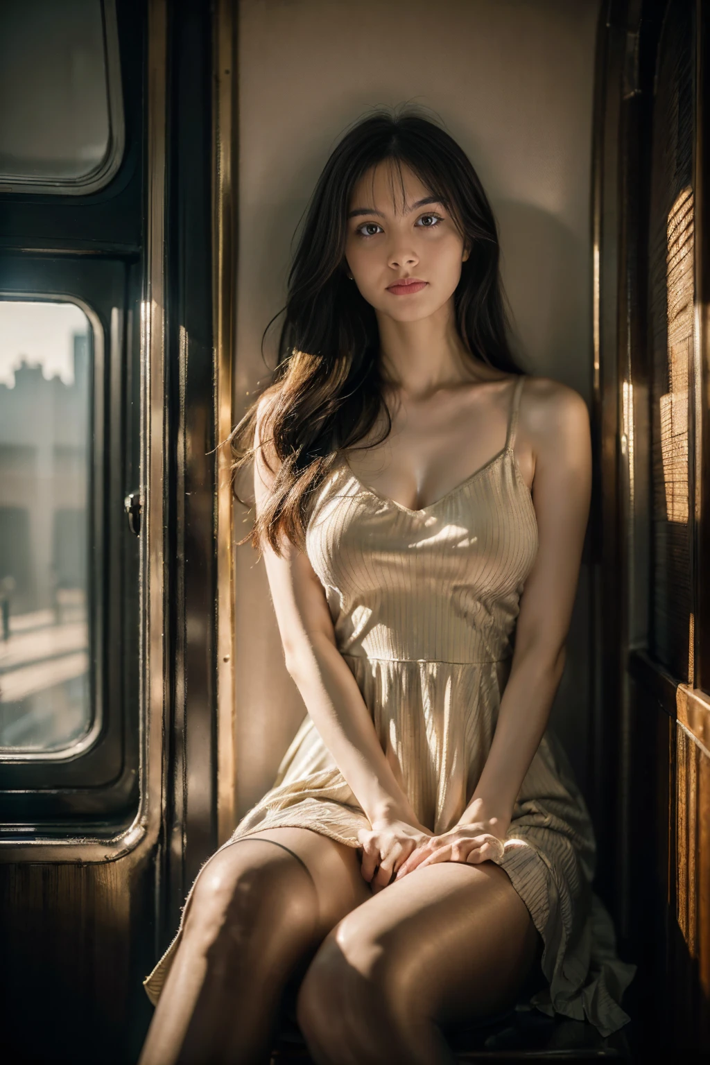 (Best quality, Ultra detailed, Golden ratio, Masterpiece:1.2), Theatrical lighting:0.7, Photo of a girl, dressed in a very elegant and pretty dress, Perfect rare face, (Highly detailed skin), long black hair, bangs hair、Ridicule, skin texture, Pale skin, shiny skin, (thin, large size:1.2), [:(Sharp focus on rare face, perfect eyes:1.2):0.2], photorealistic, film grain, Put one foot forward、from below looking up、looking at viewer、Emphasize the shoulders, Focus on face、Stockings、glasses、Smile with corners of mouth raised、disdainful expression, summer haze, muted colors, muted warm colors, Photo cinematic portrait of a woman dressed in a striped dress sitting by the window in the early morning, cinematic, (tilted:1.3) (on an old train) look cautious, standing under a spotlight, volumetric dust clouds, key light, backlight, soft natural lighting, photography Film grain ISO 400 30 mm lens RAW f1.8 aperture, highly detailed (analog photography:1), colors hdr, miabell4, upper body