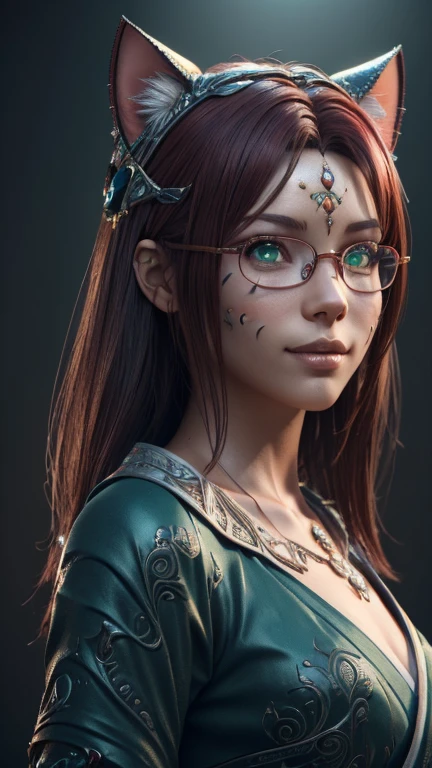 Proville. Carnival. Short, Red hair, green eyes, cat mask on the left side of the face, green kimono, smile, girl 15 years old, metal frame glasses. looks at me. (masterpiece, top quality, Best quality, official art, beautiful and aesthetically pleasing:1.2), extremely detailed,(fractal art:1.2),colorful,The most detailed, (Carnival), (Many colors:1.4). ((split. skin texture, Shiny skin. elegance. photorealism. unreal engine. 3D model. Ultra high quality textures. high detail. permission 8k))