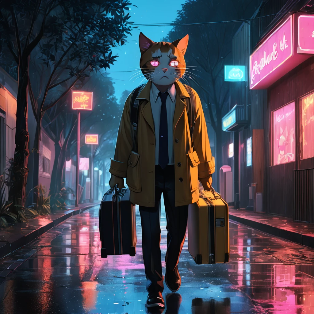 “Creates an image of an anthropomorphic feline character, a cat with watery eyes, rosy cheeks, soaked eyelashes, emotional expression, intense sadness, tears, realistic textures, very refined details, holding his suitcase full of things, walking alone on the street, trees in low light. Around him, the cat has a neon light effect.