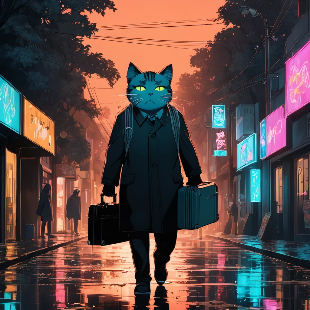 “Creates an image of an anthropomorphic feline character, a cat with watery eyes, rosy cheeks, soaked eyelashes, emotional expression, intense sadness, tears, realistic textures, very refined details, holding his suitcase full of things, walking alone on the street, trees in low light. Around him, the cat has a neon light effect.