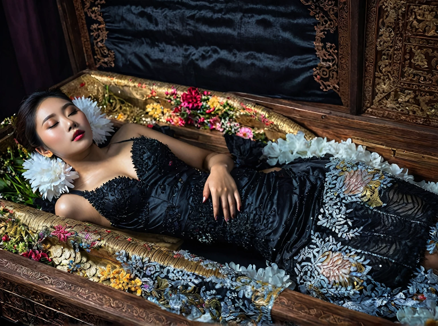 In a striking 8K HDR scene, a stunning Korean woman, 22 years old, lies peacefully in a coffin and coffin cover surrounded by plush pillows behind head. The deep box is set against a rich black background, accentuating the beauty of the subject. Her exquisite deep-V neckline kebaya attire is embroidered with superb detail, showcasing her round and firm breasts, perfect cleavage, and beautiful eyebrows. Her closed eyes and mouth give an air of serenity, while her visible and absolute cleavage leave nothing to imagination. The scene is bathed in saturated colors, highlighting every intricate aspect from the ball skirt to her clean face, straight body, detailed hand perfect hands, straight body, straight arms, holding the flowers