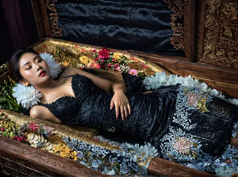 in a striking 8k hdr scene, a stunning korean woman, 22 years old, lies peacefully in a coffin and coffin cover surrounded by pl...