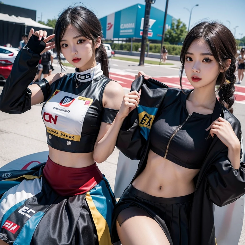 Ultra detailed face、Cool woman、Colorful costumes、F1 Driver Cosplay、Colorful costumes、Clothing with company logo、Grid Girlsのカラフルで派手な衣装、Grid Girls、Perfect Face、Paddock Girls、Harem、motor Show、tights、Bodycon Costumes、Grid Girls、Russia、Grid Girlsのコスプレ、belly button、Pleated skirt、Bodycon Costumes、Photographed in a sexy pose