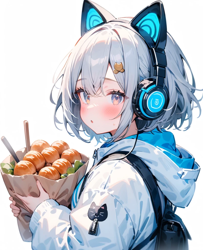 masterpiece, Highest quality, so beautiful, Absurd, up to date, One girl, alone, View your viewers, blush, short hair, bangs, Simple Background, hair ornaments, White Background, Animal ears, Hair between the eyes, Mouth closed, Jacket, Upper Body, Gray Hair, Cat ear, Food, bag, From the side, Animal earsの毛, Look to the side, fake Animal ears, Headphones, white Jacket, Backpack, Food down, Fooded Jacket, zipper, animal ear Headphones