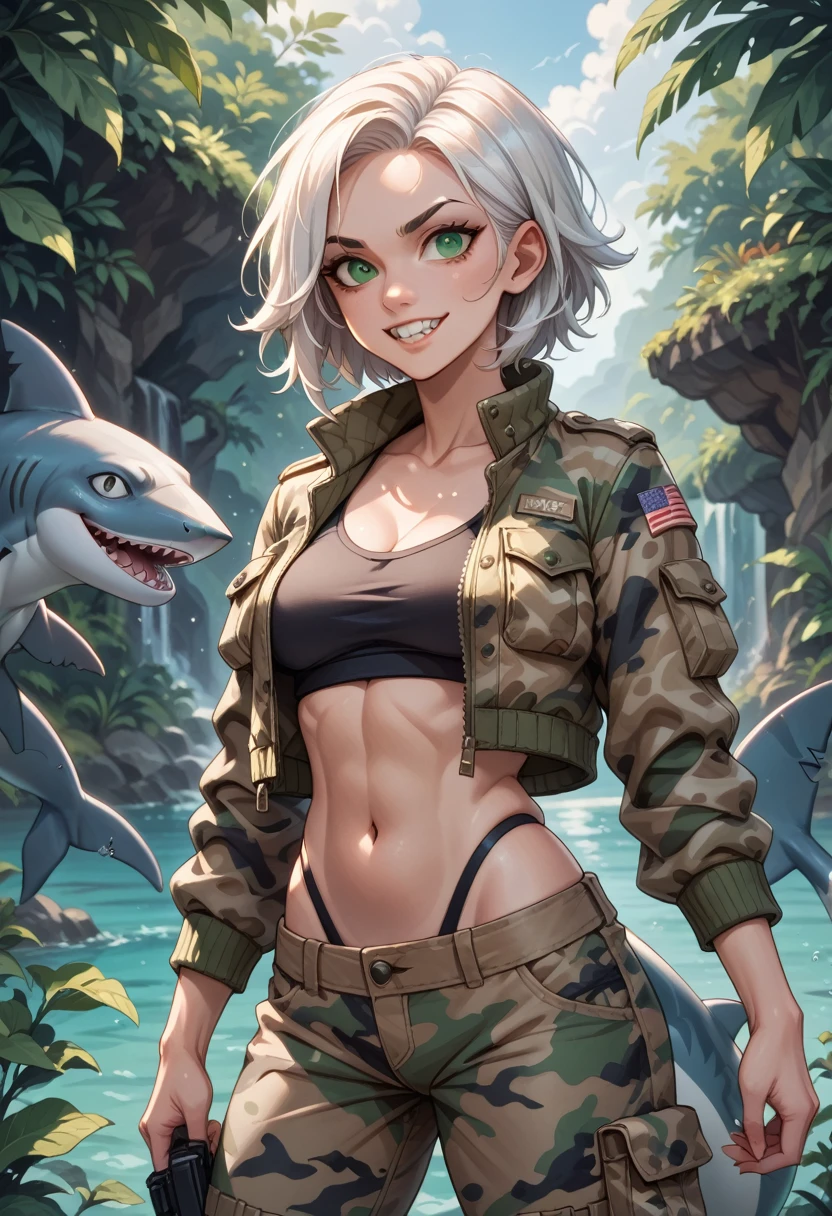 girl with white hair,green eyes,pointed teeth,shark tail,short jacket camouflage,women&#39;s bodysuit, camouflage pants with chunky boots