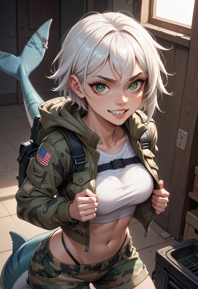 girl with white hair,green eyes,pointed teeth,shark tail,short jacket camouflage,women&#39;s bodysuit, camouflage pants with chunky boots