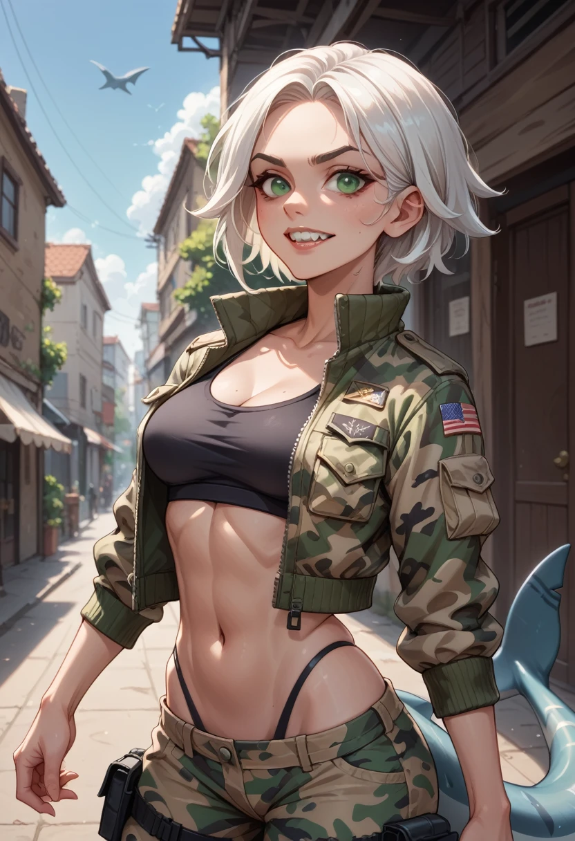 girl with white hair,green eyes,pointed teeth,shark tail,short jacket camouflage,women&#39;s bodysuit, camouflage pants with chunky boots