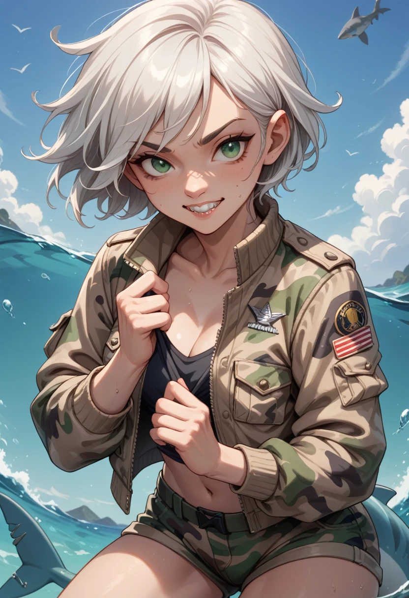 girl with white hair,green eyes,pointed teeth,shark tail,short jacket camouflage,women&#39;s bodysuit, camouflage pants with chunky boots