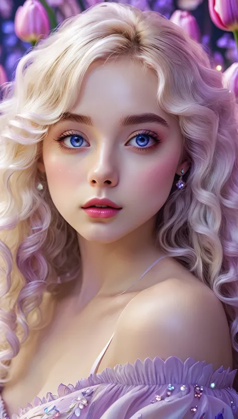 masterpiece，dazzling colorful lights，extremely detailed，a girl，big eyes，tulip，extra long curly hair，white-blond hair，a fascinati...