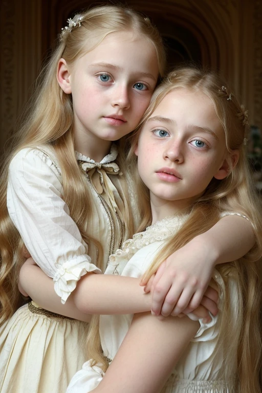 a young girl with long blonde hair, beautiful detailed eyes, beautiful detailed lips, extremely detailed eyes and face, long eyelashes, wearing a simple victorian blouse, hugging another girl, the other girl has a blond boy's haircut, sinking into her massive breasts, two european girls, serene expression,