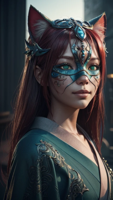 Proville. Carnival. Short, Red hair, green eyes, cat mask on the left side of the face, green kimono, smile, girl 15 years old. looks at me. (masterpiece, top quality, Best quality, official art, beautiful and aesthetically pleasing:1.2), extremely detailed,(fractal art:1.2),colorful,The most detailed, (Carnival), (Many colors:1.4). ((split. skin texture, Shiny skin. elegance. photorealism. unreal engine. 3D model. Ultra high quality textures. high detail. permission 8k))