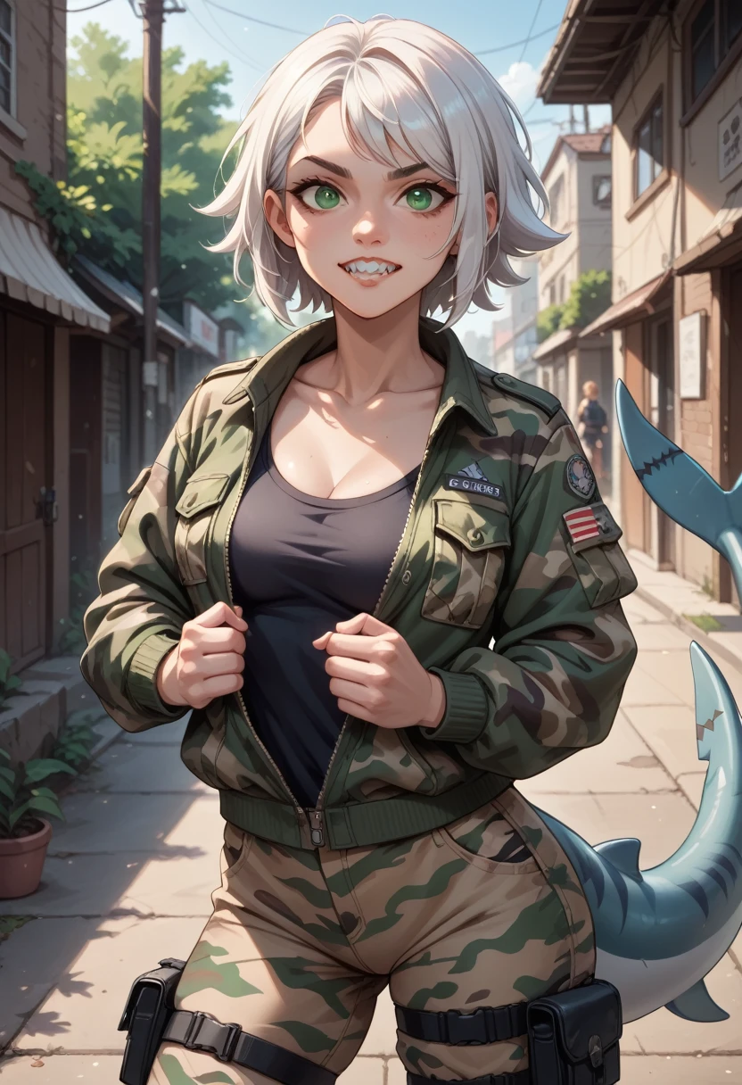 girl with white hair,green eyes,pointed teeth,shark tail,short jacket camouflage,women&#39;s bodysuit, camouflage pants with chunky boots