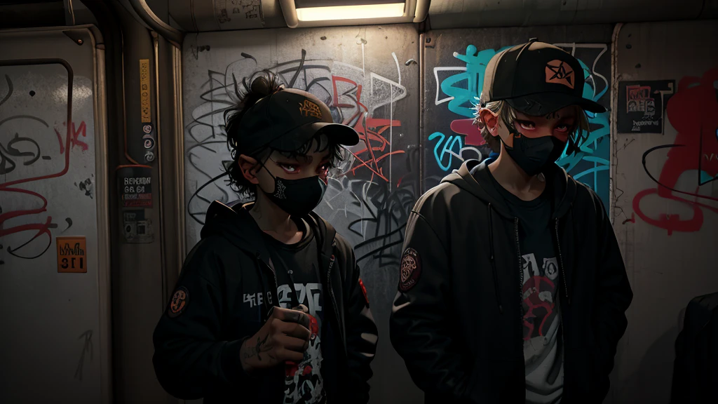 Create a mid-close-up scene set in a dimly lit subway. The focus is on a kid spraying graffiti on the subway wall. The dim lighting casts shadows, highlighting the vibrant colors of the graffiti against the gritty, worn walls. The subway environment is urban and slightly grimy, with the dark lights adding a moody atmosphere to the scene