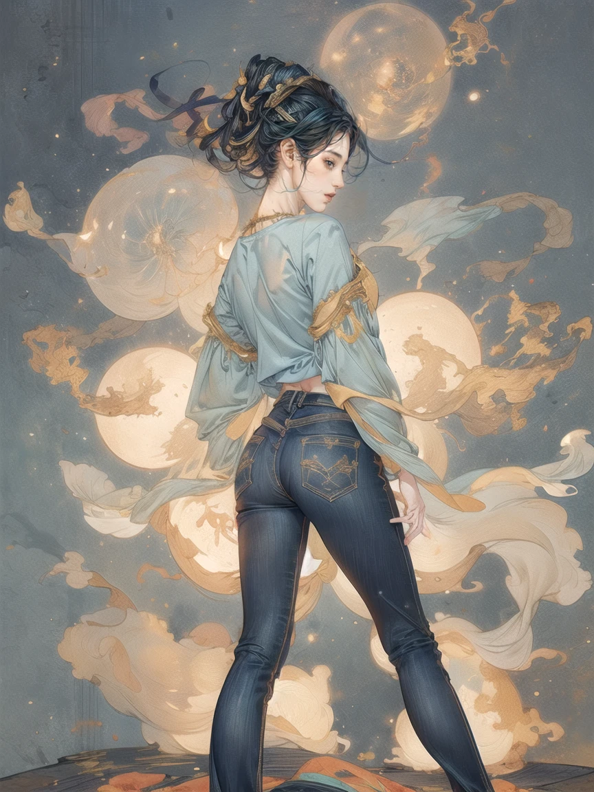 Highest quality, One girl, (((Photon Particle Art))), ((Looking backwards at the viewer)), Dark blue hair, Iris, Very short hair, Spiky Hair, Ahoge, T-Shirts, High Waist Jeans, 171cm, Messy Hair, Hair between the eyes, Medium chest, Large Breasts, Plump, Round ass, White skin, Tomboy, Adult, 20-year-old, One girl, alone, only, Grin, Wide Hips, Thighs, Are standing, Messy room, Bedroom, Woman&#39;s back view, Buckshot