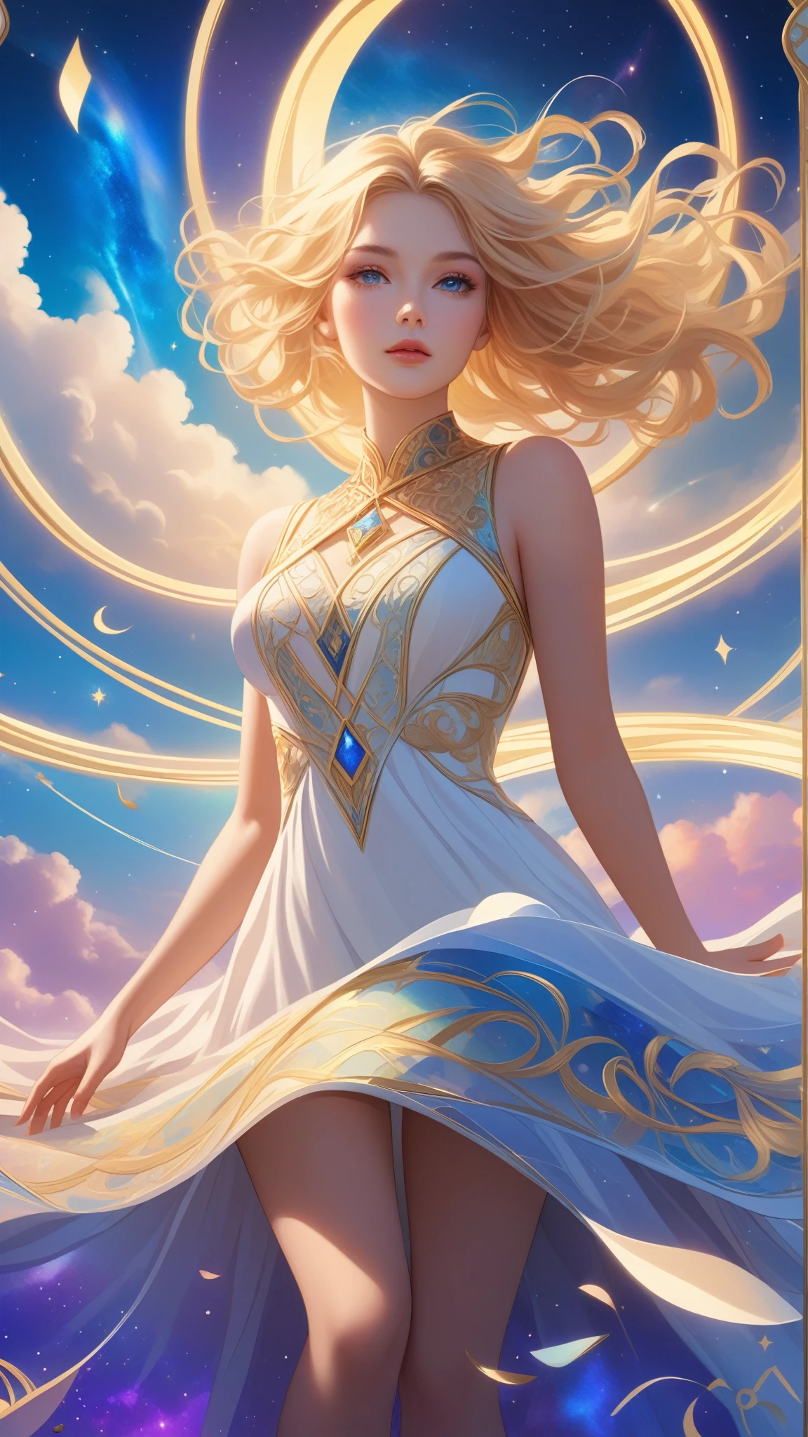 (masterpiece, best quality:1.2), intricate detailed tarot card illustration, tarot card, tarot card the word, 1woman, solo, blond hair goddess, white dress, floating in the sky, ((infinity symbol background)), cinematic lighting, dramatic shadows, vivid colors, rich color palette, surreal tarot card, mystical landscape, shimmering details, ornate patterns