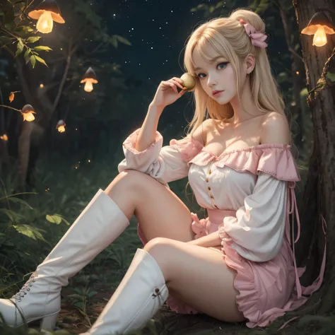 anime girl with light blonde hair，with light blue eyes，wearing a pink off-the-shoulder puff-sleeved dress and knee-high white bo...