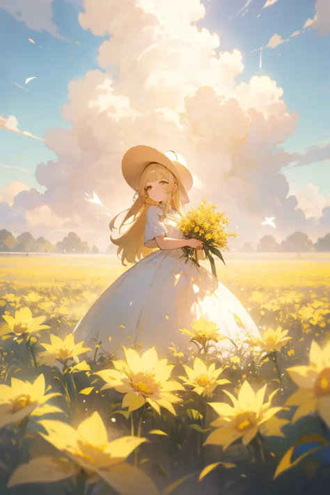 wide angle view, an image of the girl standing in a field full of yellow flowers, the girl, beautiful girl, she wearing white dr...