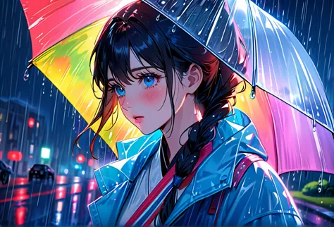 one girl,city of night,rain,coat,put your hands in your pockets,rainbow colored raincoat,dance in the rain,highest quality, high...