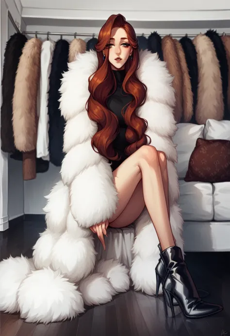 arafed woman sitting on a couch in a fur coat, lots of fur, wearing a luxurious fur coat, ginger hair and fur, fur clothing, rot...