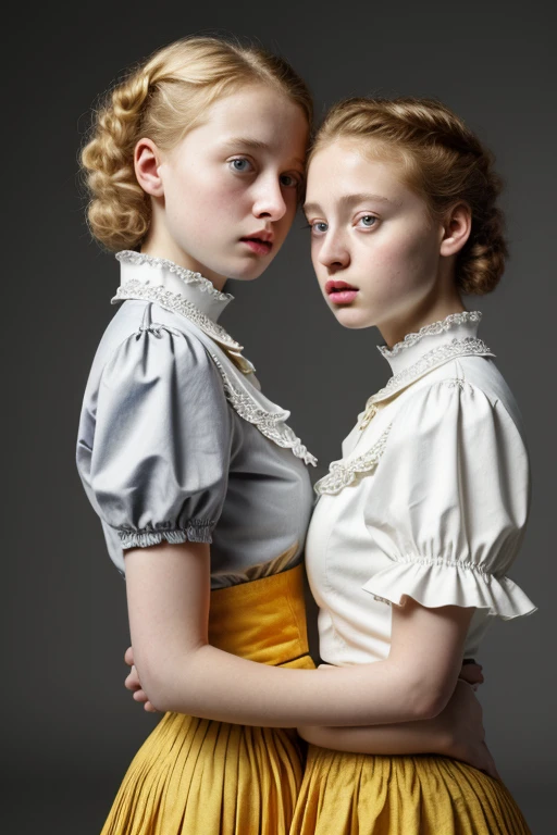 2girls from side, 18 years old, Europeans hugs, embrace, blond boy's haircut, massive puffy breast, open wide mouth, beautiful eyes, simple victorian blouse, grey and gold theme, white ruffle and detail collar lace, thin waist, intricate details, porcelain skin, beautiful eyes, detailed lips, high quality, realistic, photorealistic, 8k, masterpiece, ultra-detailed, physically-based rendering, vivid colors, studio lighting, sharp focus , a prominent (wide hips:1.3)