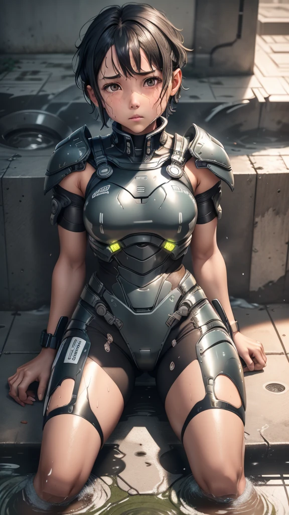 Highest quality　8k Cyborg Suit Girl　Elementary school girl　Sweaty face　cute　Boyish short hair　Very short hair　Steam coming out of my head　My hair is wet with sweat　Black Hair　Broken and unable to move　　Lying down　Soaked Face　My crotch is wet