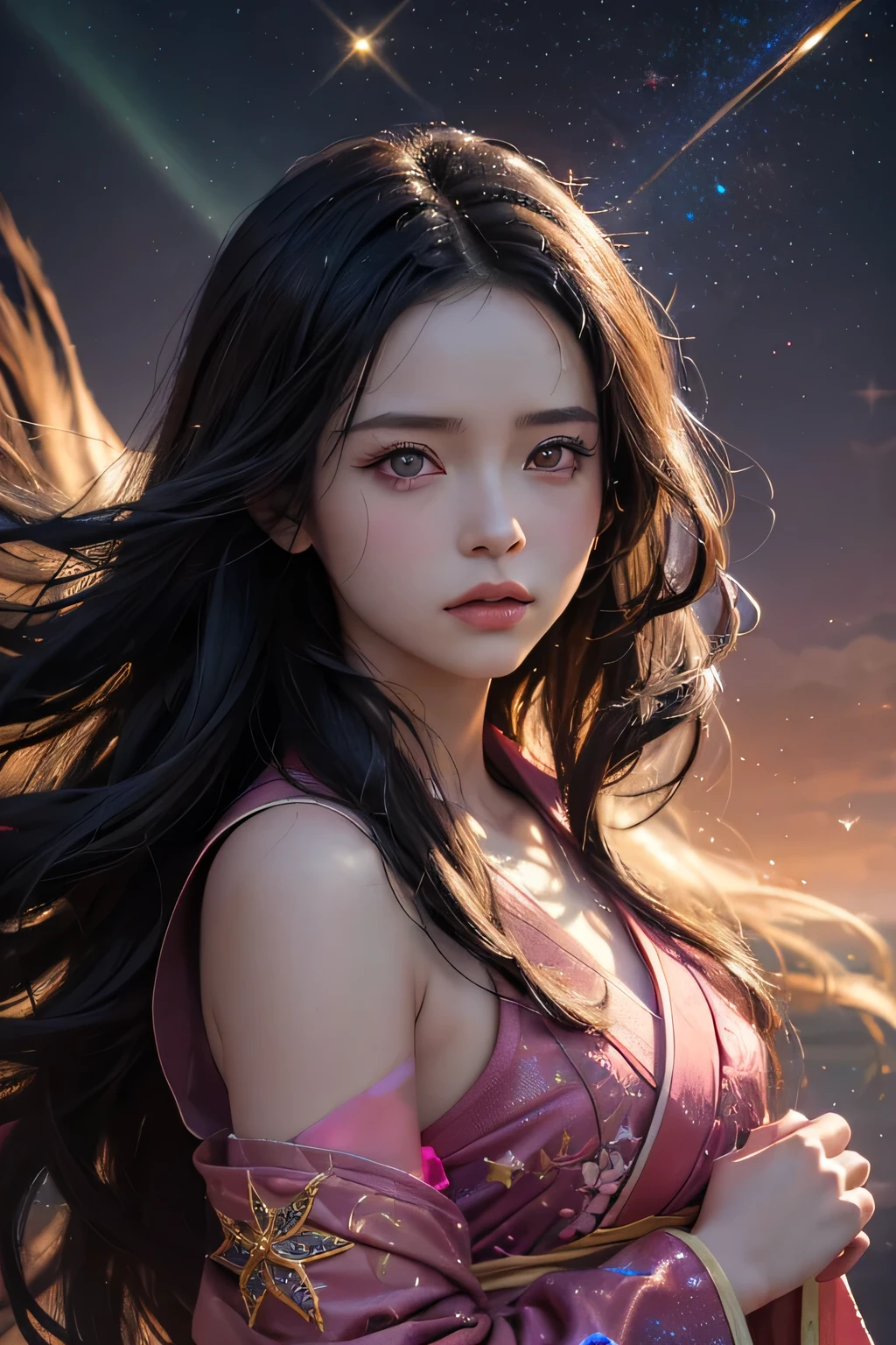 Nezuko from demon slayer. a young woman with long dark hair, beautiful detailed eyes, beautiful detailed lips, extremely detailed face, longeyelashes, wearing a pink kimono, (best quality,4k,8k,highres,masterpiece:1.2),ultra-detailed,(realistic,photorealistic,photo-realistic:1.37),digital painting,exquisite detail,intricate details,highly detailed,vivid colors,warm lighting,cinematic lighting,dramatic lighting, iridescence, dramatic angle, space, (floating colorful sparkles:1.3), Dramatic Lighting, Chiaroscuro, Evocative Depth. Portrait.