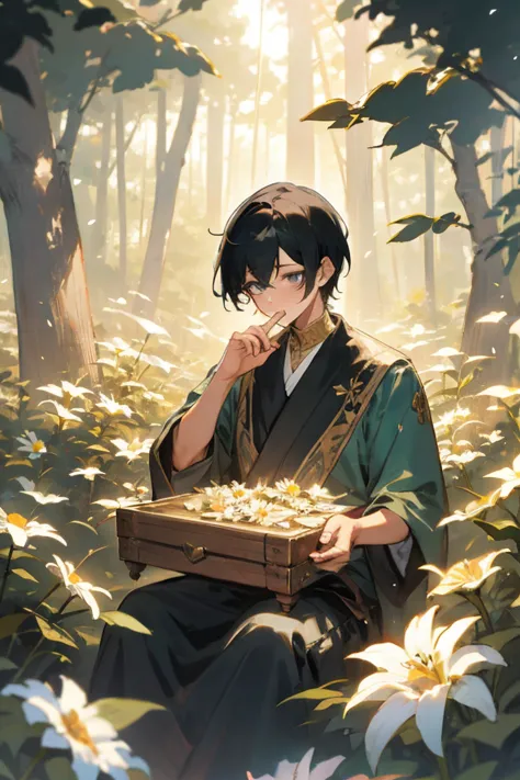 wide angle, an illustration a large treasure box, a guy, black hair, short hair, he sat next to the box, sitting next to, filled...