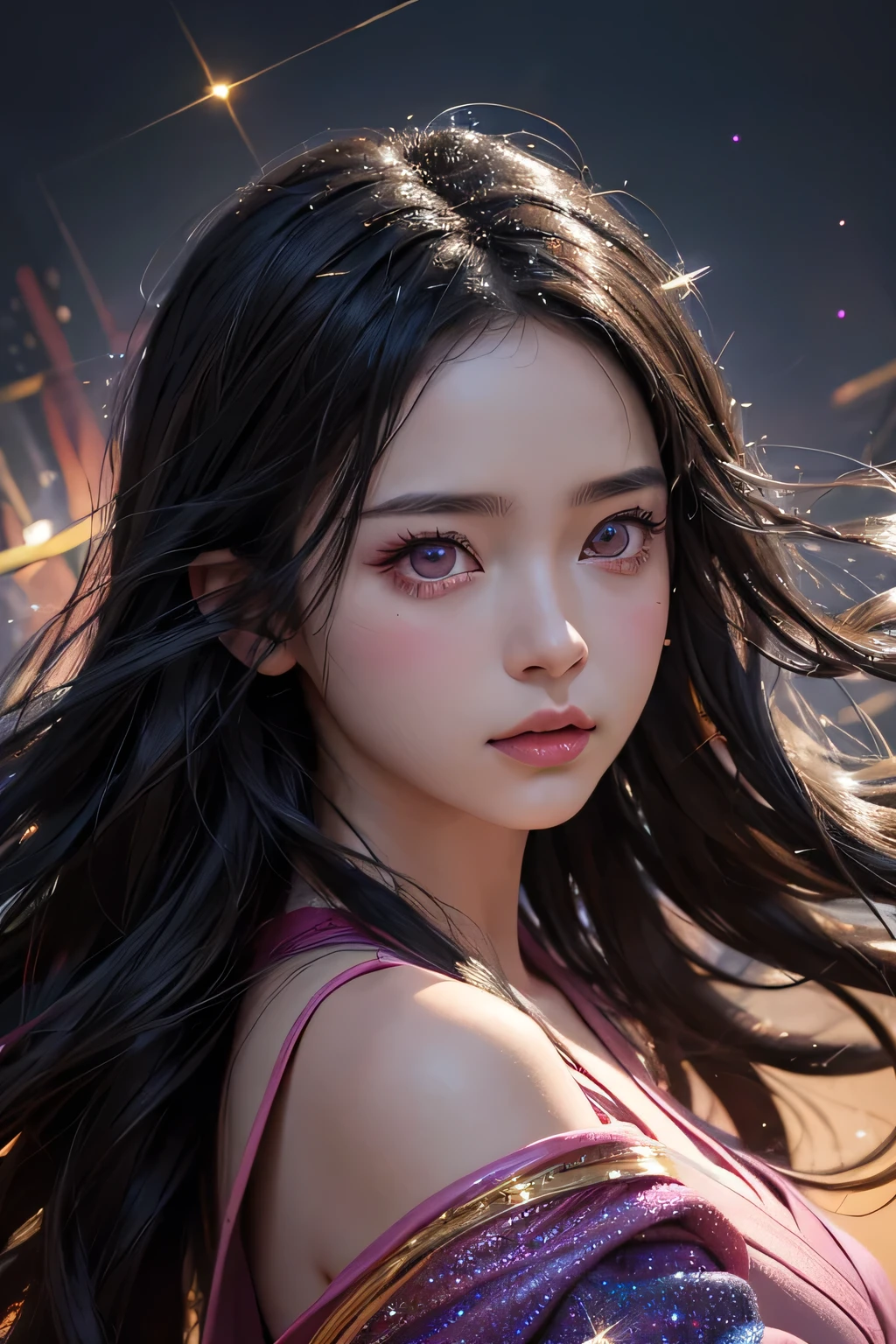 Nezuko from demon slayer. a young woman with long dark hair, beautiful detailed eyes, beautiful detailed lips, extremely detailed face, longeyelashes, wearing a pink kimono, (best quality,4k,8k,highres,masterpiece:1.2),ultra-detailed,(realistic,photorealistic,photo-realistic:1.37),digital painting,exquisite detail,intricate details,highly detailed,vivid colors,warm lighting,cinematic lighting,dramatic lighting, iridescence, dramatic angle, space, (floating colorful sparkles:1.3), Dramatic Lighting, Chiaroscuro, Evocative Depth. Portrait.