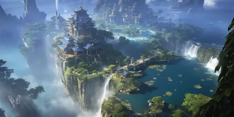 there is a small waterfall in the middle of an island, game concept art, final fantasy vll world concept, 2. 5d cgi anime fantas...