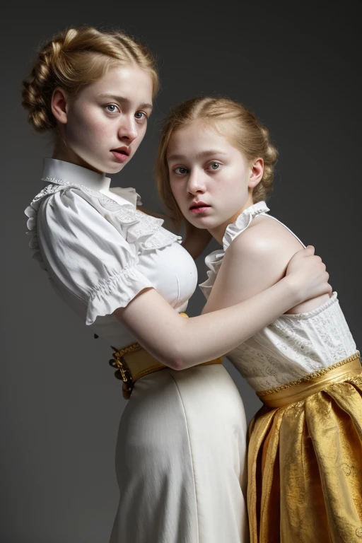 2girls from side, 18 years old, Europeans hugs, embrace, blond boy's haircut, ((massive breast)), open wide mouth, beautiful eyes, simple victorian blouse, grey and gold theme, white ruffle and detail collar lace, thin waist, intricate details, porcelain skin, beautiful eyes, detailed lips, high quality, realistic, photorealistic, 8k, masterpiece, ultra-detailed, physically-based rendering, vivid colors, studio lighting, sharp focus , a prominent (wide hips:1.3)