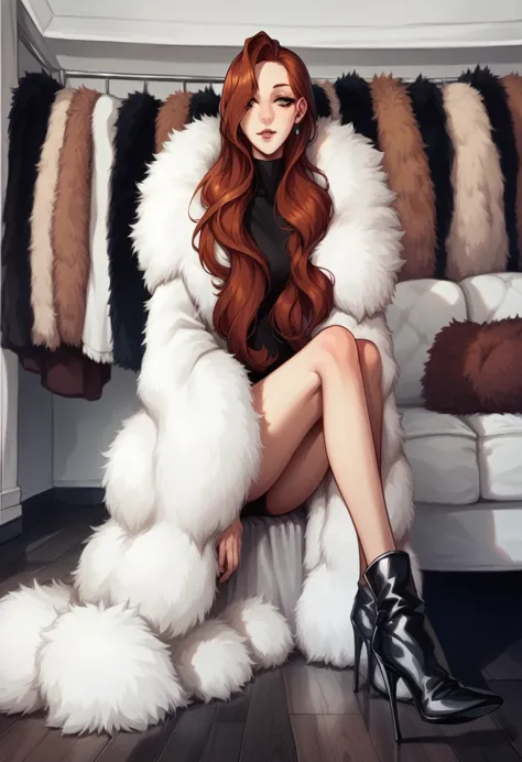 arafed woman sitting on a couch in a fur coat, lots of fur, wearing a luxurious fur coat, ginger hair and fur, fur clothing, rot...