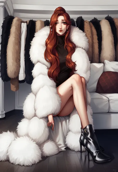 arafed woman sitting on a couch in a fur coat, lots of fur, wearing a luxurious fur coat, ginger hair and fur, fur clothing, rot...