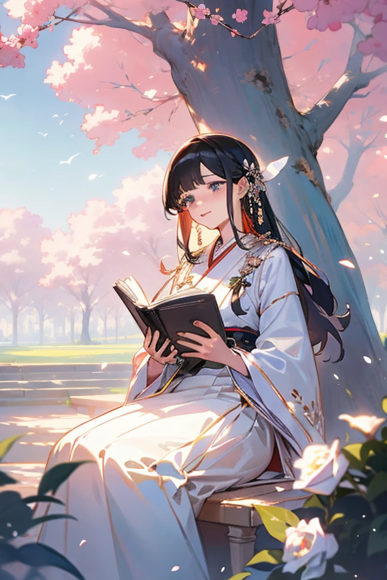 Beautiful view,  there is a young and beautiful girl, her hand holding a book, she is sitting under the tree reading a book, reading a book under the tree, fairy tale elegant, beautiful, dreamy and graceful, white and red roses around the girl's skirt, romantic, cool breeze, warm sunlight, big tree canopy, reading a book about love, summer morning light, romantic portrait, elegant and dreamy, white hanfu, reading a book, 8k, anime