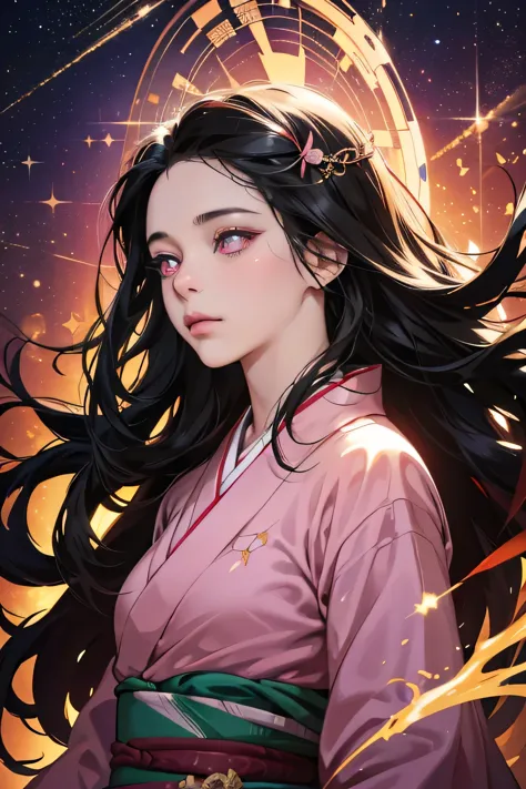 nezuko from demon slayer. a young woman with long dark hair, beautiful detailed eyes, beautiful detailed lips, extremely detaile...