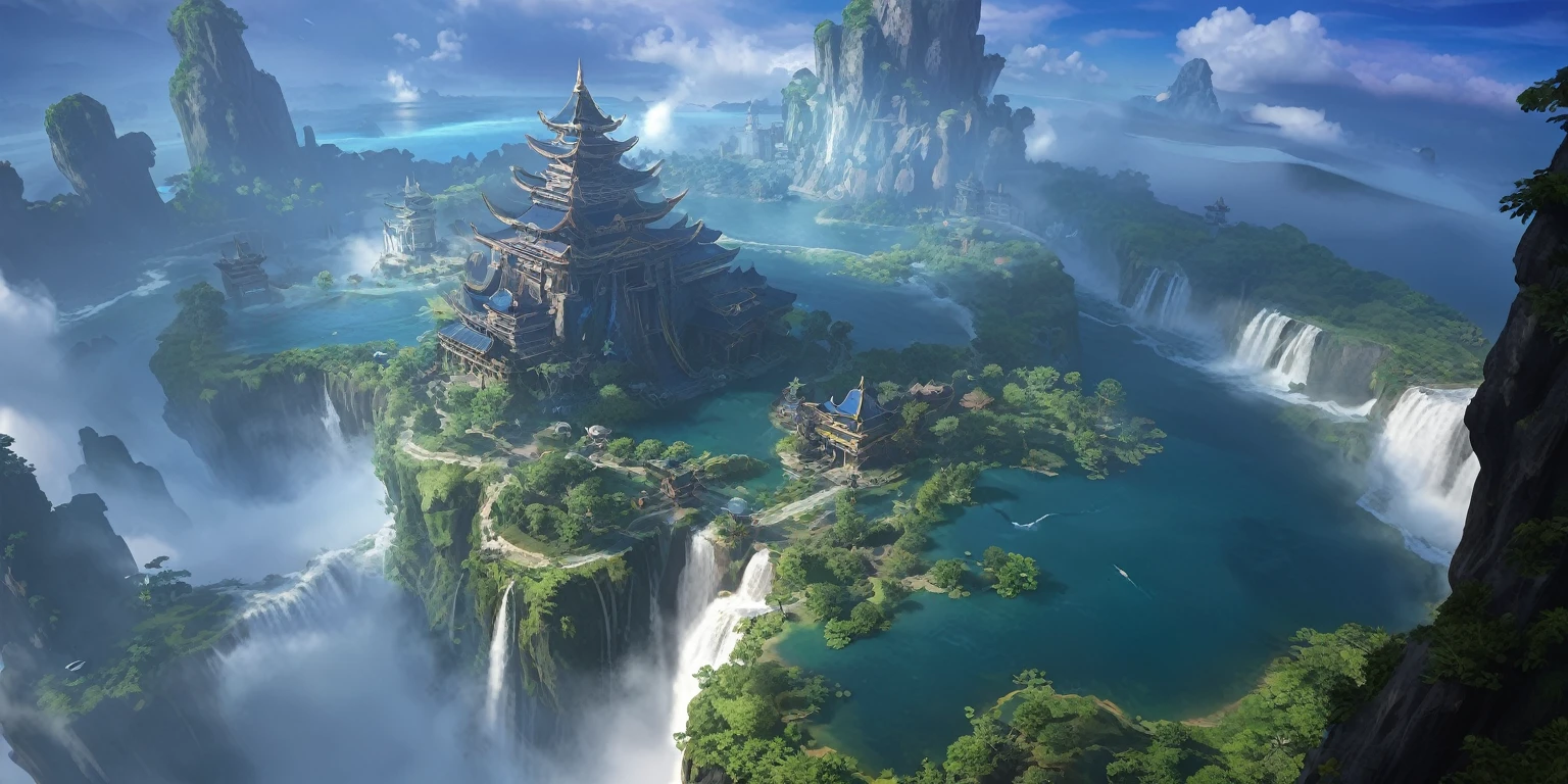 There is a small waterfall in the middle of an island, Game concept art, Final Fantasy Vll World Concept, 2. 5D CGI anime fantasy artwork, Concept World Art, Beautiful concept art, dota matte concept art, Concept Art Wallpaper 4K, conceptartworld, Matte Mystery Dota Pixar, Fantasy concept art, League of Legends concept art ,Ultra-high resolution (Fidelity: 1.4), Ultra-high quality, Extremely detailed CG unity 8k wallpaper, aesthetics, Award-winning photography, True high detail, Detail improvements, Remove blur, complex, The art of travel. Visually stunning. Beautiful city pixels, Blue Hour Photography, Spectacular clouds, Fantasy Clouds.