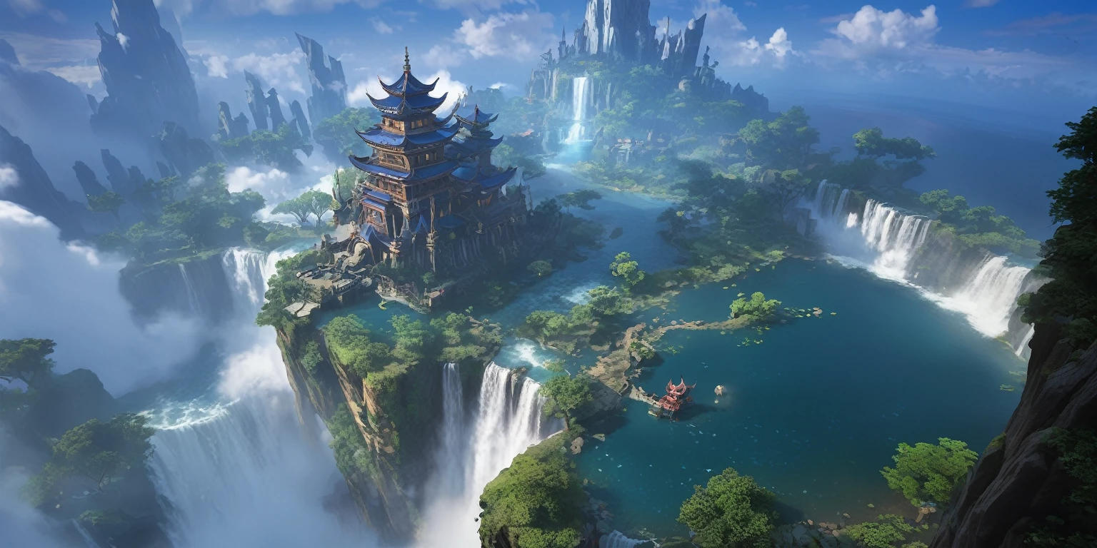 There is a small waterfall in the middle of an island, Game concept art, Final Fantasy Vll World Concept, 2. 5D CGI anime fantasy artwork, Concept World Art, Beautiful concept art, dota matte concept art, Concept Art Wallpaper 4K, conceptartworld, Matte Mystery Dota Pixar, Fantasy concept art, League of Legends concept art ,Ultra-high resolution (Fidelity: 1.4), Ultra-high quality, Extremely detailed CG unity 8k wallpaper, aesthetics, Award-winning photography, True high detail, Detail improvements, Remove blur, complex, The art of travel. Visually stunning. Beautiful city pixels, Blue Hour Photography, Spectacular clouds, Fantasy Clouds.