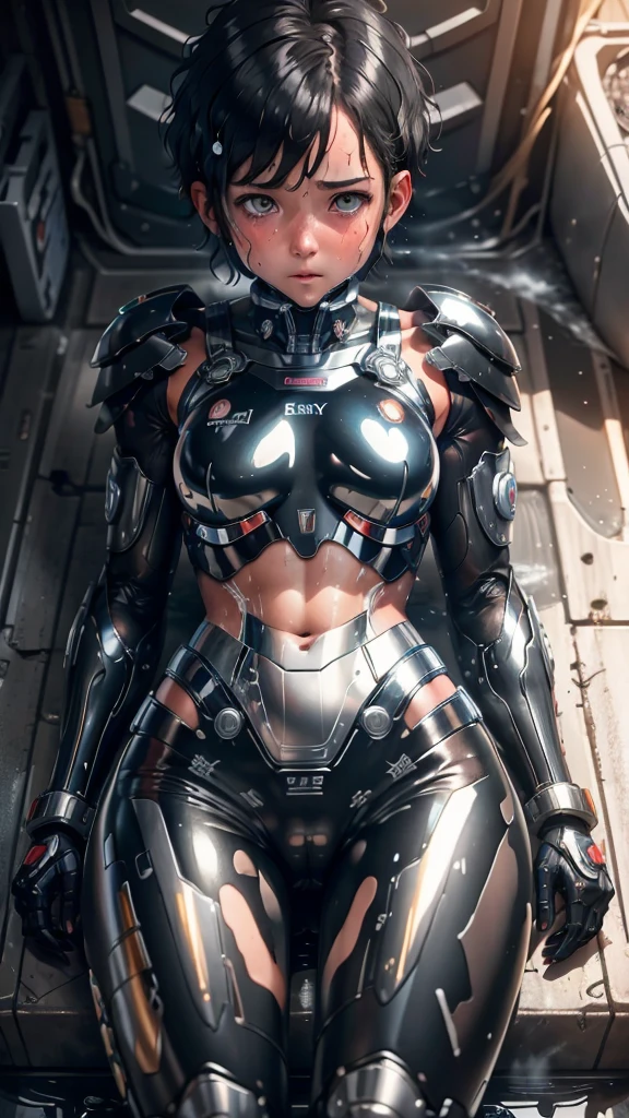 Highest quality　8k Cyborg Suit Girl　Elementary school girl　Sweaty face　cute　Boyish short hair　Very short hair　Steam coming out of my head　My hair is wet with sweat　Black Hair　Broken and unable to move　　Lying down　Soaked Face　My crotch is wet