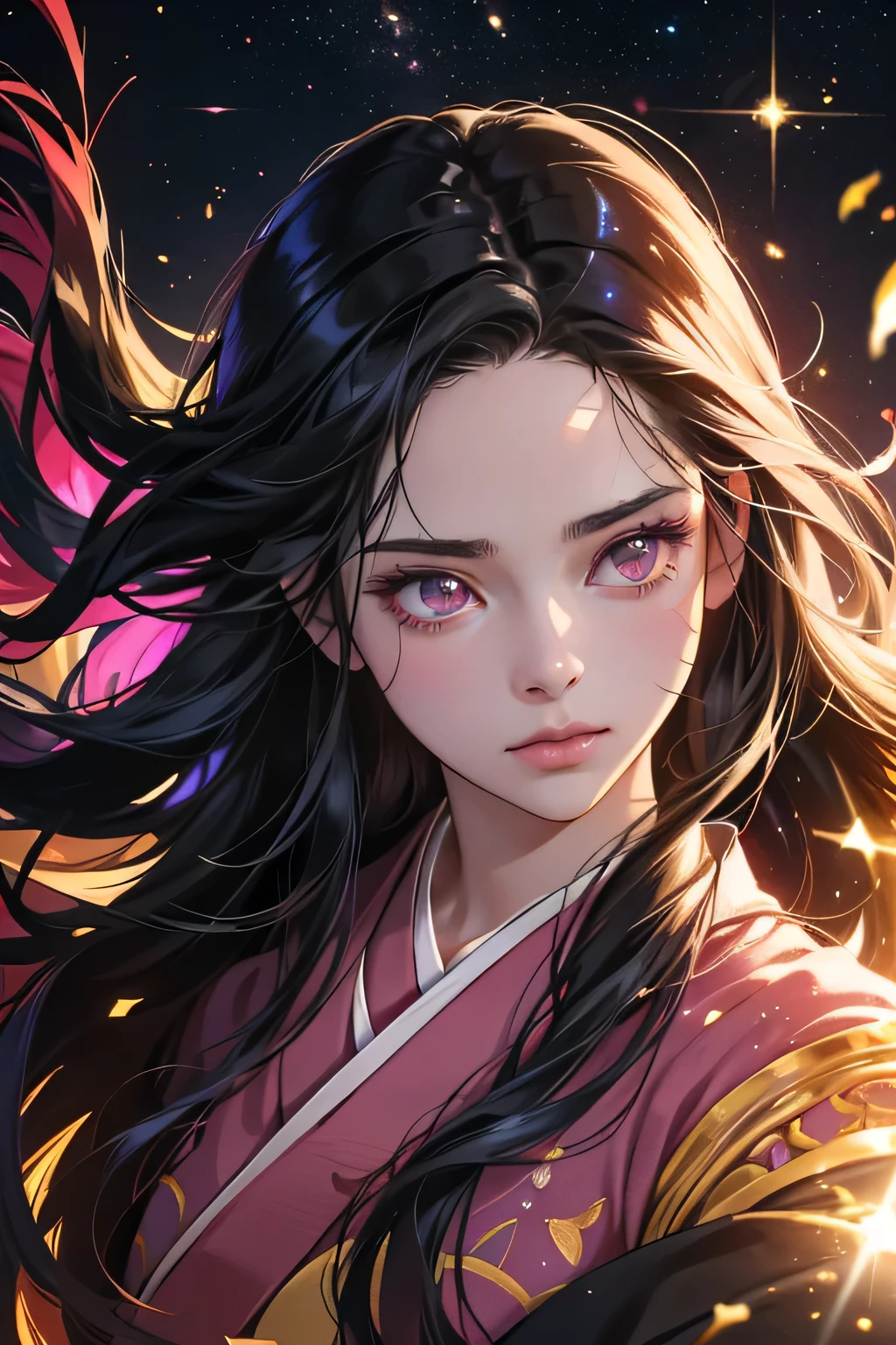 Nezuko from demon slayer. a young woman with long dark hair, beautiful detailed eyes, beautiful detailed lips, extremely detailed face, longeyelashes, wearing a pink kimono, (best quality,4k,8k,highres,masterpiece:1.2),ultra-detailed,(realistic,photorealistic,photo-realistic:1.37),digital painting,exquisite detail,intricate details,highly detailed,vivid colors,warm lighting,cinematic lighting,dramatic lighting, iridescence, dramatic angle, space, (floating colorful sparkles:1.3), Dramatic Lighting, Chiaroscuro, Evocative Depth. Portrait.