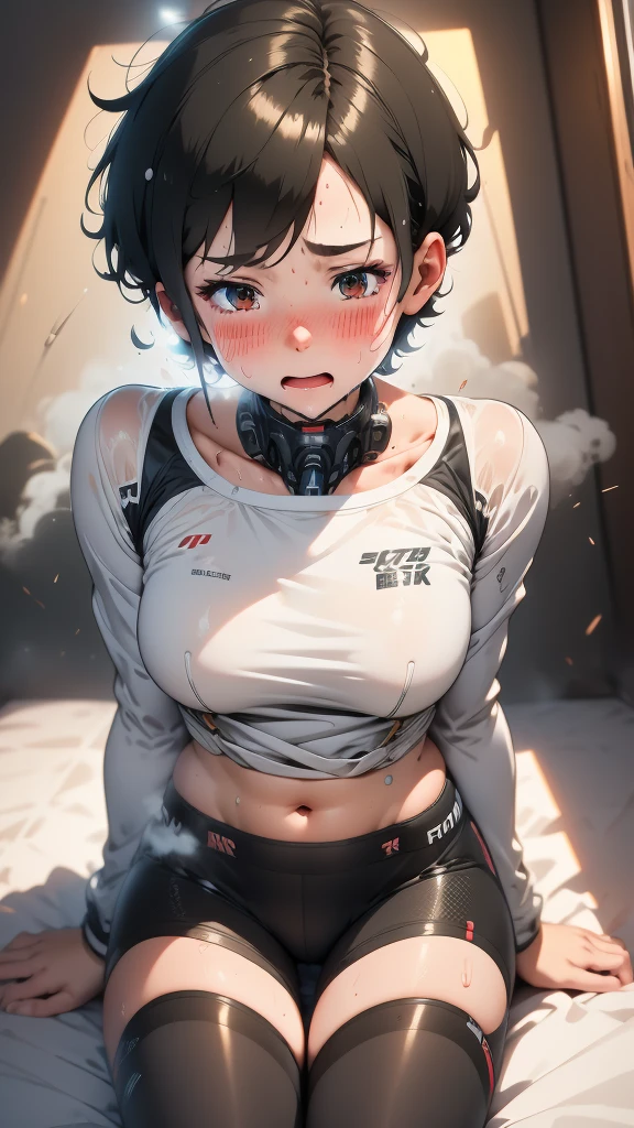 Highest quality　8k Cyborg Suit Girl　Elementary school girl　Sweaty face　cute　Boyish short hair　Very short hair　Steam coming out of my head　My hair is wet with sweat　Black Hair　Broken and unable to move　　Lying down　Soaked Face　My crotch is wet