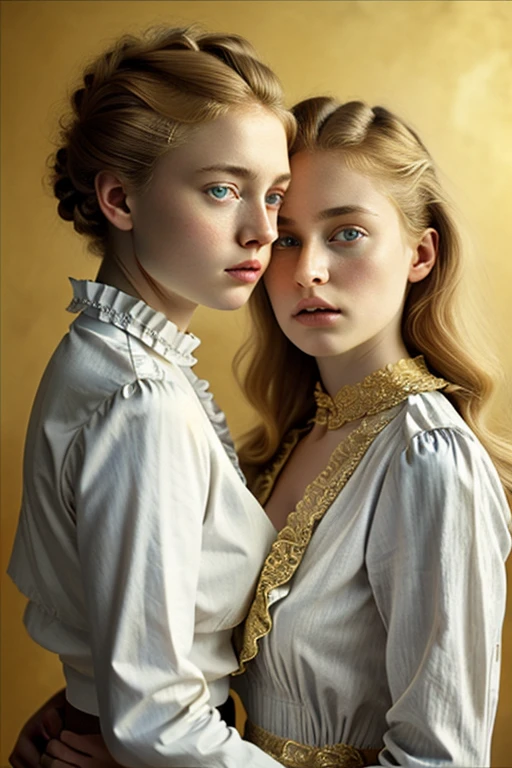 2girls from side, 18 years old, Europeans hugs, embrace, blond boy's haircut, ((massive breast)), open wide mouth, beautiful eyes, simple victorian blouse, grey and gold theme, white ruffle and detail collar lace, thin waist, intricate details, porcelain skin, beautiful eyes, detailed lips, high quality, realistic, photorealistic, 8k, masterpiece, ultra-detailed, physically-based rendering, vivid colors, studio lighting, sharp focus , a prominent (wide hips:1.3)