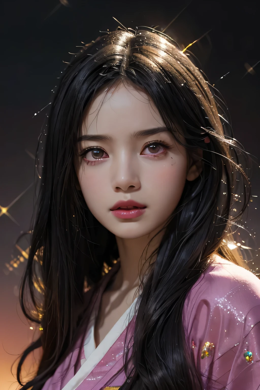 Nezuko from demon slayer. a young woman with long dark hair, beautiful detailed eyes, beautiful detailed lips, extremely detailed face, longeyelashes, wearing a pink kimono, (best quality,4k,8k,highres,masterpiece:1.2),ultra-detailed,(realistic,photorealistic,photo-realistic:1.37),digital painting,exquisite detail,intricate details,highly detailed,vivid colors,warm lighting,cinematic lighting,dramatic lighting, iridescence, dramatic angle, space, (floating colorful sparkles:1.3), Dramatic Lighting, Chiaroscuro, Evocative Depth. Portrait.