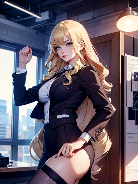 a woman wearing a black tight office suit, blonde hair, in an office environment, detailed, high quality, realistic, photorealis...