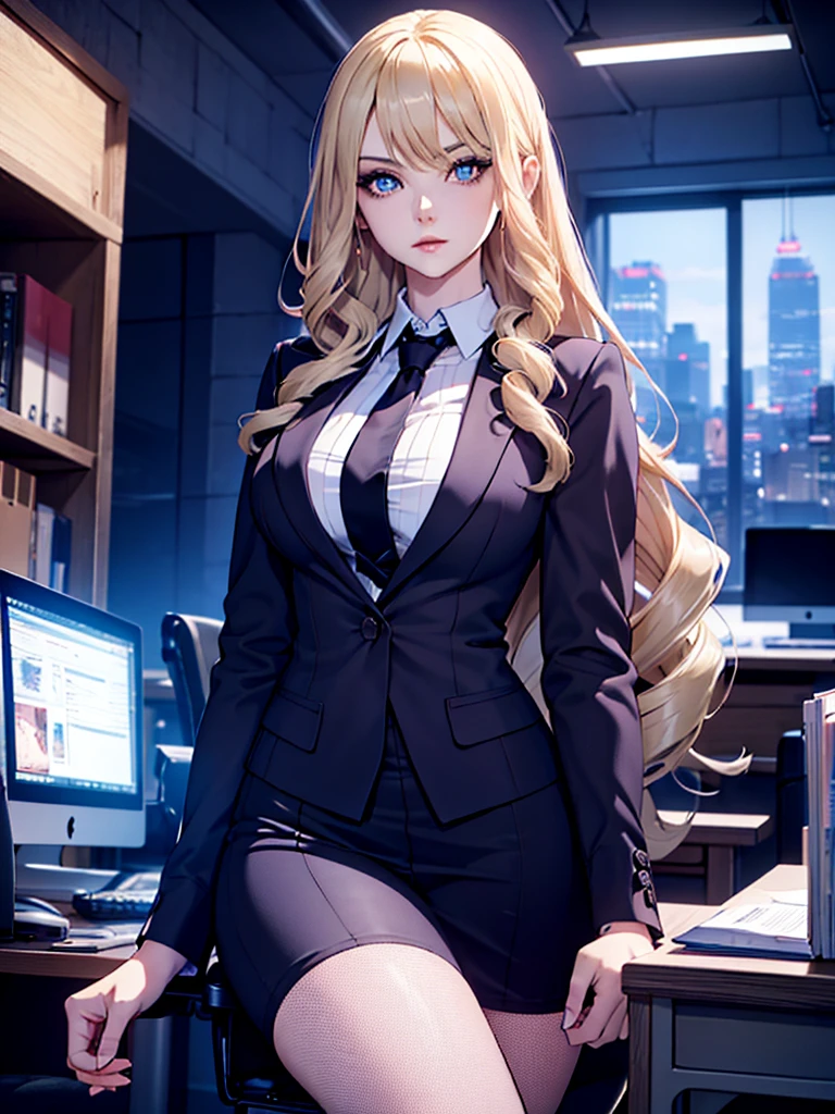 a woman wearing a black tight office suit, blonde hair, in an office environment, detailed, high quality, realistic, photorealistic, 8k, masterpiece, intricate details, cinematic lighting, dramatic composition, moody atmosphere