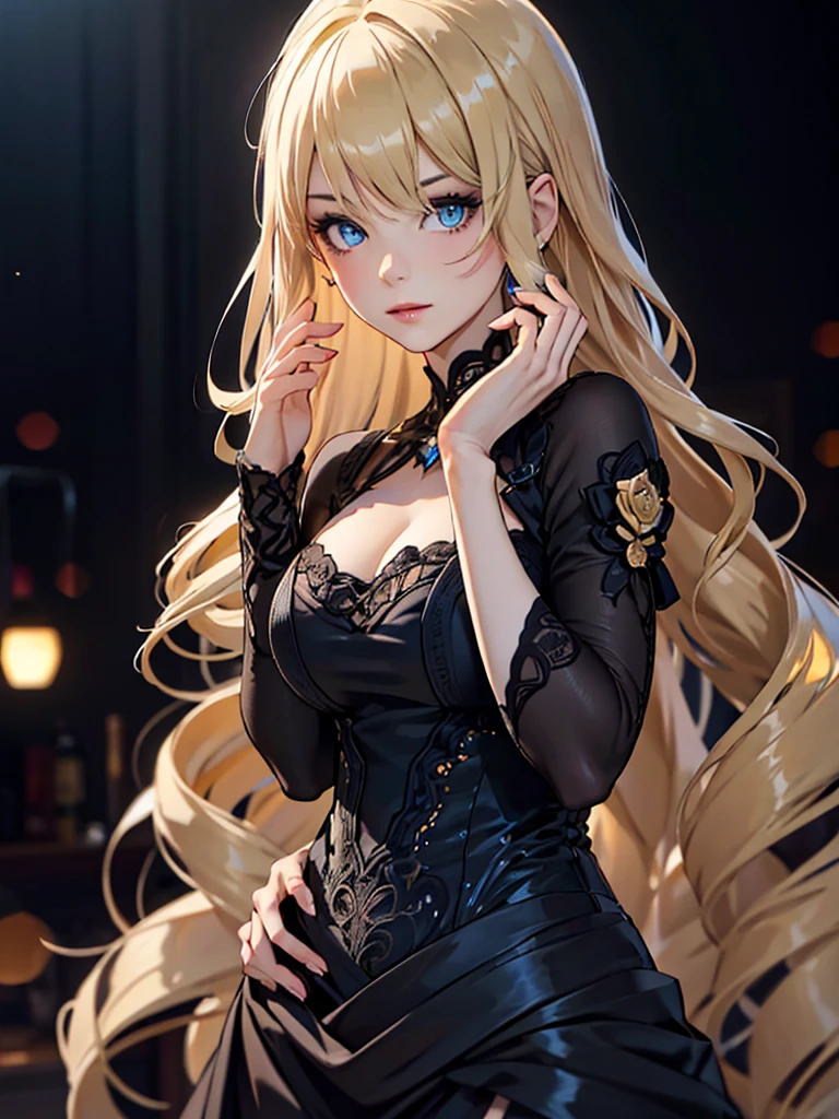 1 woman, black color party frock, modern stylish frock, night party, blonde hair, (best quality,4k,8k,highres,masterpiece:1.2),ultra-detailed,(realistic,photorealistic,photo-realistic:1.37),HDR,UHD,studio lighting,ultra-fine painting,sharp focus,physically-based rendering,extreme detail description,professional,vivid colors,bokeh,portrait