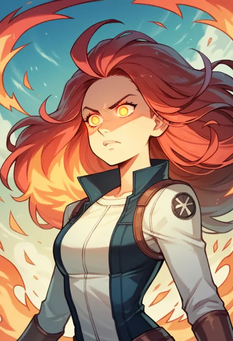 one girl, milly alcock, white and black superheroine suit, red hair, long hair, fire hair, surrounded by flames, fire, glowing e...