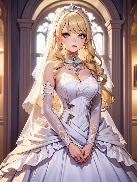 (navia), 1girl, as a bride, wearing a white colour wedding frock, at a wedding ceremony, blonde hair, 8k, high detailed, high qu...