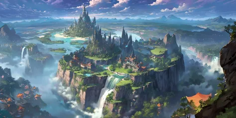 there is a small waterfall in the middle of an island, game concept art, final fantasy vll world concept, 2. 5d cgi anime fantas...