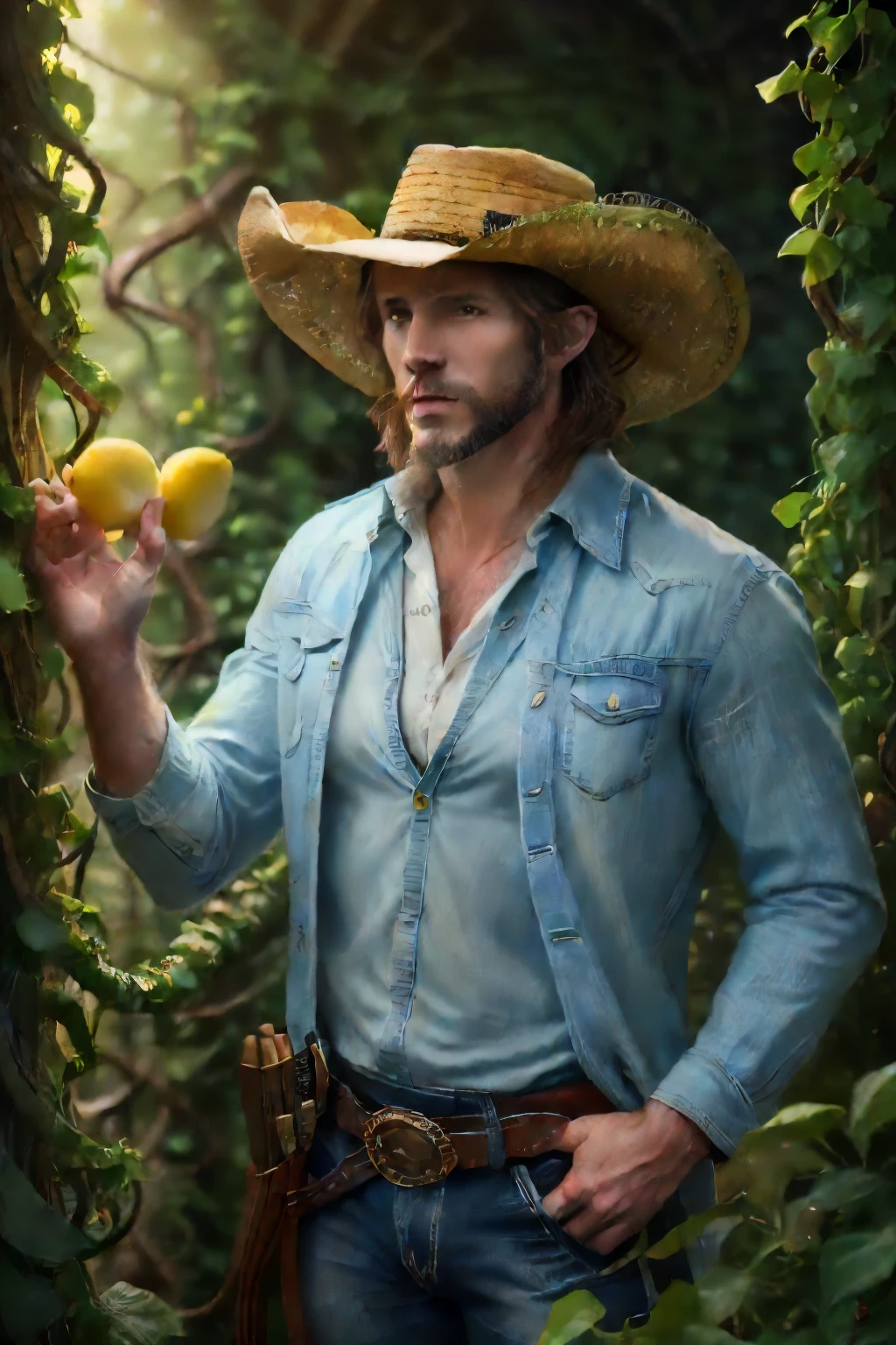 1 male, plant person, dryad, lemon, lemon head, vines, vine body, cowboy, cowboy hat,(best quality,8k,hyperrealistic,masterpiece:1.2),ultra-detailed,(realistic,photorealistic,photo-realistic:1.37),hdr,uhd,studio lighting,extreme detail description,professional,vivid colors,bokeh,fantasy,surreal,conceptart, leshy